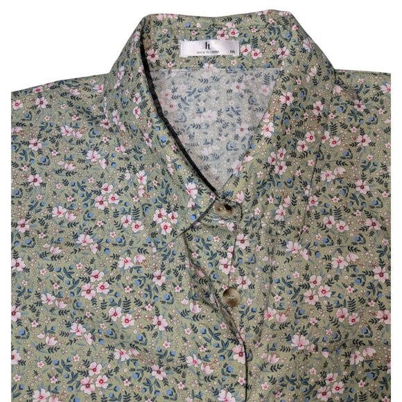 Floral Button-Up Shirt XXL Green & Pink Short Sleeve 100% Cotton - Picture 7 of 9
